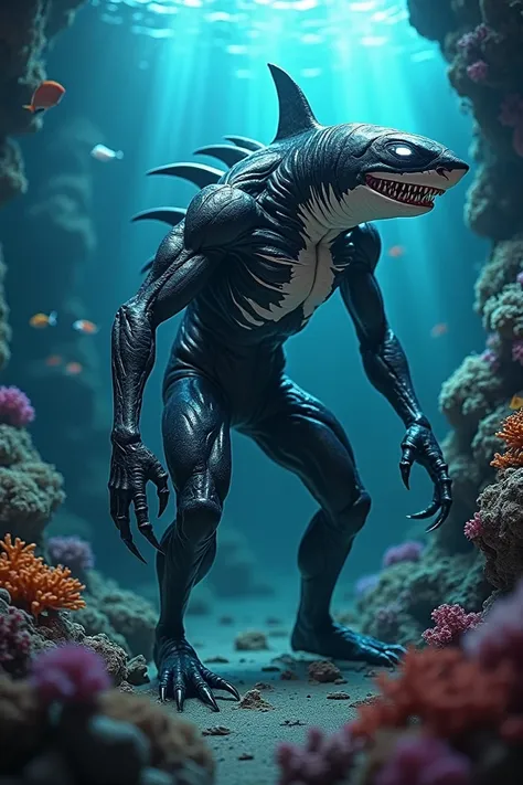 A hybrid creature blending the ferocity of a shark with the alien symbiotic traits of Venom, set in a dark, mysterious underwater world. The creature features a sleek, glossy black-and-white skin with bioluminescent patterns that glow ominously, muscular h...