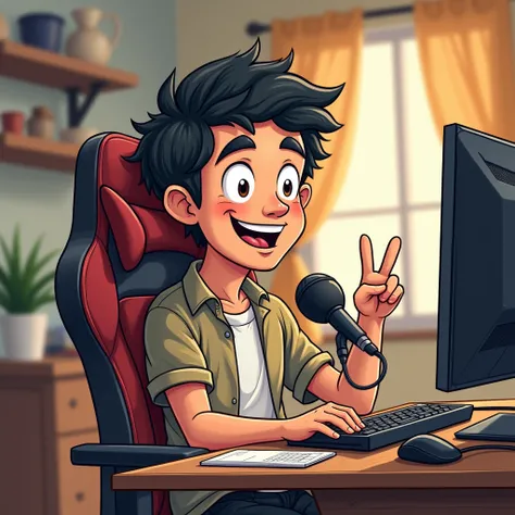 a hand drawing, cartoon of a 60 years old man, black hair, dressed in casual clothes, sitting in a gamer chair in front of a wooden table speaking to a microphone, making a V with fingers