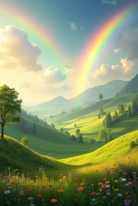 Create for me an image of a very beautiful and realistic landscape that has rainbows 