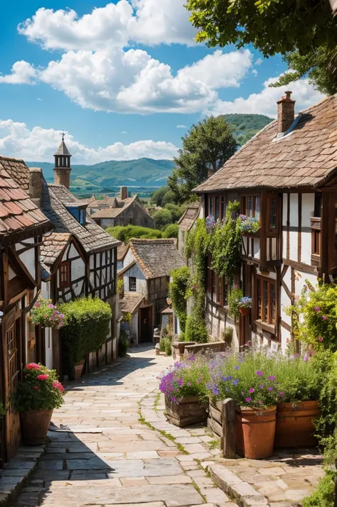 Coastal medieval village in the summer, bright day, clouds, medieval ship deck, medieval houses