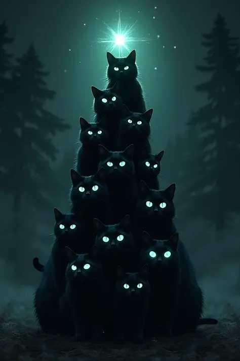 Create a stylized Christmas tree consisting of several black cats piled up and with glowing eyes