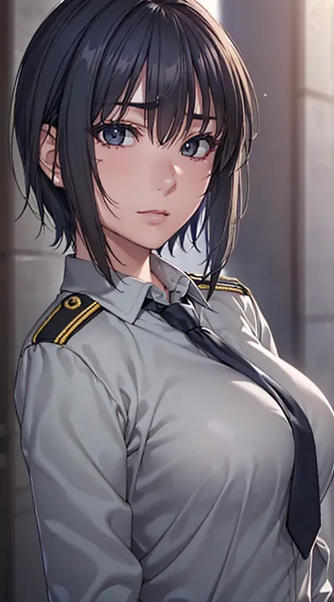 Age 25,Female military cadres,((masutepiece, Best Quality, hight resolution,Perfect Pixel, 4K))), 1girl in, Single, alone、full body seen,7:3 parting,((short hair)), ((gray-eyed, Beautiful eyelashes, Realistic,((Smooth texture:0.75, Realistic texture:0.65, ...