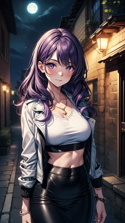 ((masterpiece, best quality:1.3, high detail)), beautiful woman, smirk, looking at viewer, long wavy hair, (purple hair), hairpin, bright purple eyes, light blush, (white leather jacket crop top), (long black midi (pencil skirt)), midriff, navel, necklace,...