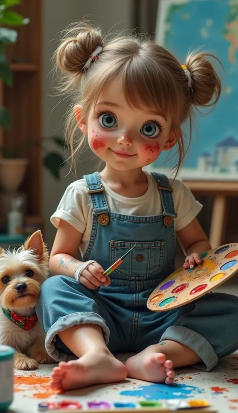 A cute  with mussed hair and blue eyes, smeared with paint, dressed in overalls, sits on the floor holding an art palette surrounded by brushes, tubes of oil paints, watercolor palettes, canvases, and a little Yorkshire terrier lying next to her. Shes in t...