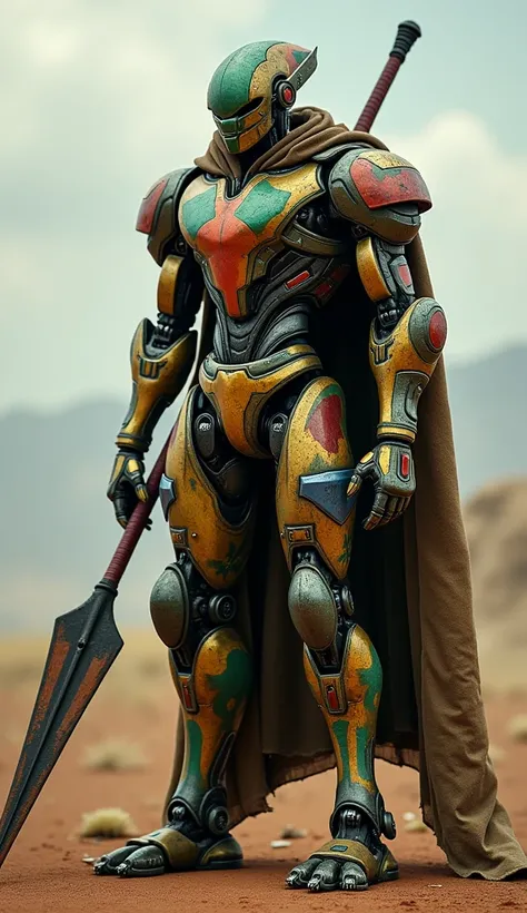 "A striking South African war robot in green, gold, red, and blue. Its humanoid structure resembles a Zulu warrior, complete with a spear-shaped sword and a cloak weathered by the elements."