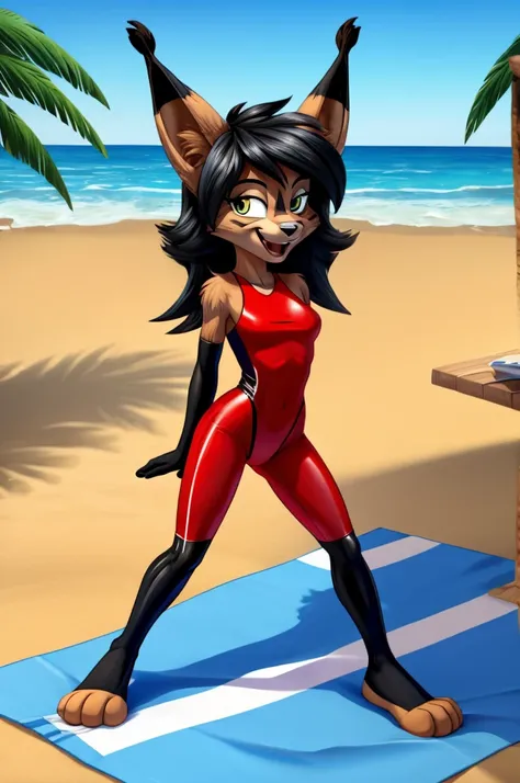 Lynx is a full-length cartoon girl slim skinny in a red tight lycra swimsuit on the beach with a happy face big feet black hair