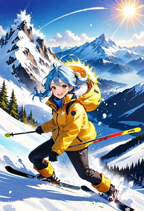  Light Blue Long Hair 、1 Twin-Tail Little Character ，smile、(Ski, , Snow Explosion),Snow Mountain Slope 、雪煙をたてながらSkiで滑っている、 splash art 、 Yellow Down Jacket with the Edge of the Fabric Left Cut，  Action Shots ,  bright color ，Sunshine, Wide angle,perfect act...