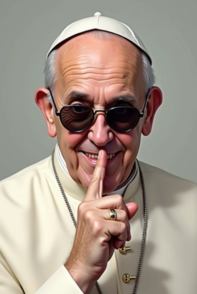 Pope Francis with dark glasses sitting making the silence sign while smiling slightly 
