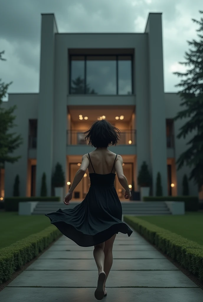 A girls back showing that she is wearing a black slip dress and short hair,running toward the front yard of a modern mansion in a dark gloomy weather. 