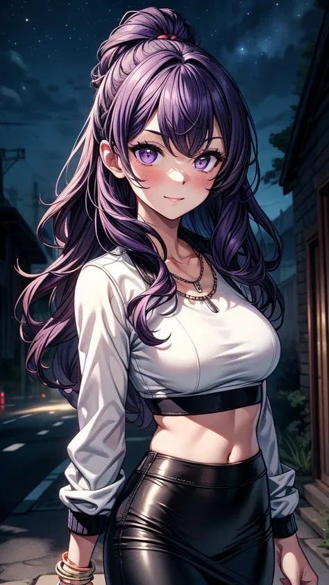 ((masterpiece, best quality:1.3, high detail)), beautiful woman, smirk, looking at viewer, long wavy hair, (purple hair), hairpin, bright purple eyes, light blush, (white leather jacket crop top), (long black midi (pencil skirt)), midriff, navel, necklace,...