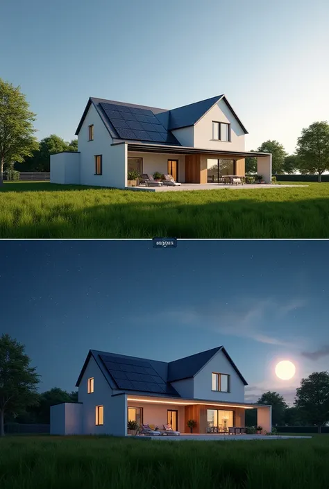 Crea un’unica grande immagine che includa 2 immagini identiche con le seguenti differenze:

1. Day: Casa con pannelli solari,  giant battery on the left ,  electric trellis on the right , Clear sky with the sun and green lawn.
2. Night: Casa con pannelli s...