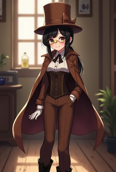 1 anime girl, height is 150 cm, eyes dark brown, dark black hair, (hair tied low to the side), (straight blunt bangs), medium breast, gold frame monocle eyeglass, steampunk, classic, analog, phantom thief, brown cape, brown top hat with brown bow, white sh...