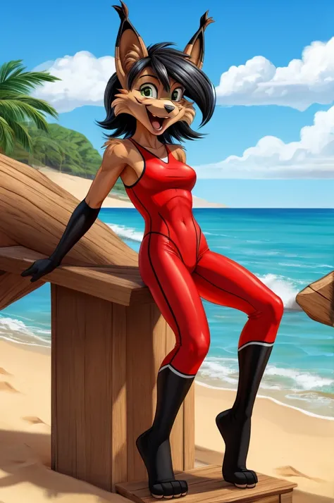 Lynx is a full-length cartoon girl slim skinny in a red tight lycra swimsuit on the beach with a happy face big feet black hair