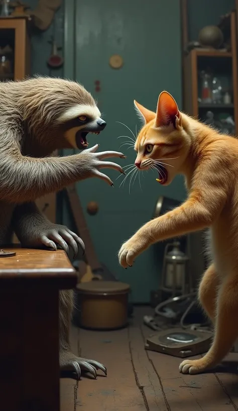 Now give me an image of the sloth and a cat interacting with a lot of anger