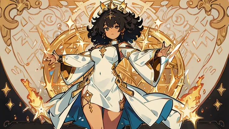 Black skin girl, thick afro hair,  full body ,  white dress , goddess dress, golden details. Background with earth symbols, officer, Water, Fire. Golden frame, Many details,