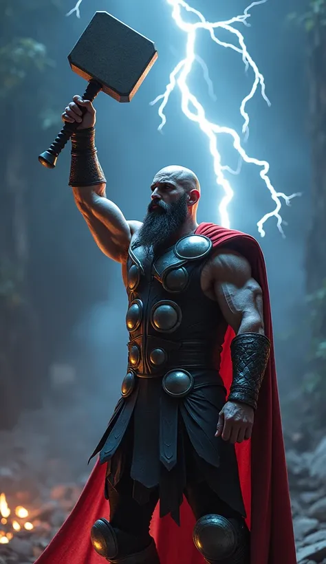 Create an image of Kratos wearing the clothes of Thor from the Avengers lifting the Mjolnir hammer and with lightning around him 