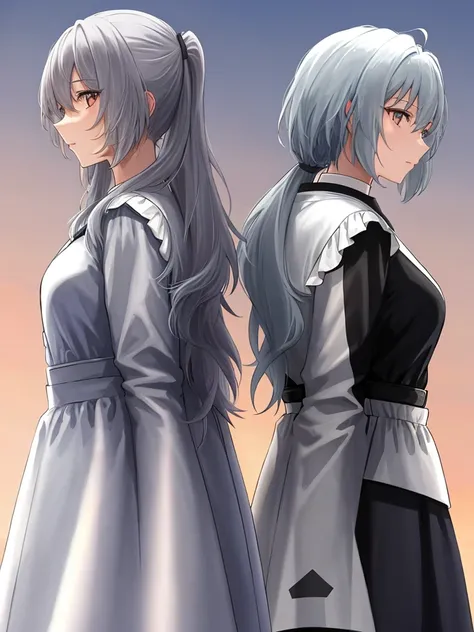 2 back-to-back ponytails looking up at the sky with gray hair on the left and right