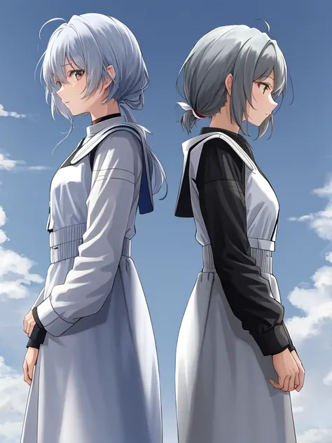 2 back-to-back ponytails looking up at the sky with gray hair on the left and right