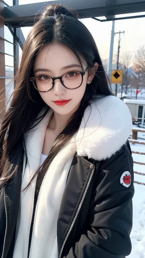 same,,  1 girl, animal, animal on shoulder, bird,  black rimmed glasses ,  dark eyes,  black hair, blue null, cityscape, clear null,  comments, day,  earrings for a woman alone, Putting on glasses, I took off my glasses, fur  comments,  jacket,  jewelry, L...