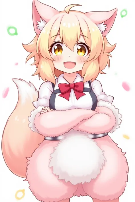 1girl, High Resolution, Furry, Dog girl, Puppy ears, Puppy tail, Fluffy, Candy furry, Candy puppy, Frosting, Sprinkles, Pink fur, White fur, Blonde hair, Short hair, Fluffy hair, Pigtails, Yellow eyes, Canine teeth, Breasts, Smile, Big butt, Round butt, Sc...