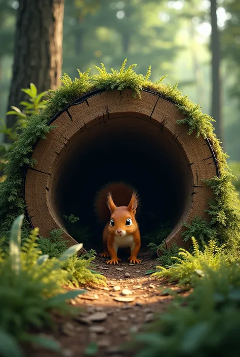 squirrel animal walking out of a hole in a large fallen wooden tree, forest background, realistic