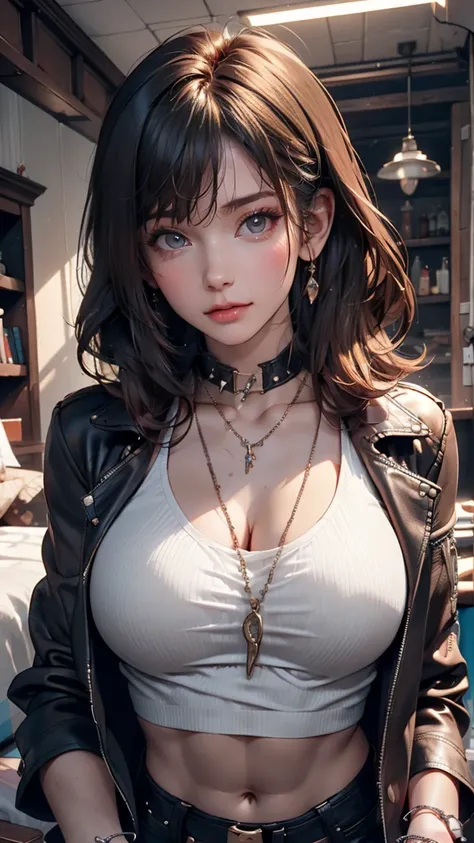 Beautiful woman with six-pack、,  one girl , Alone, In a messy room, guitar, 、Spike Collar、 24-year-old white woman 、Sexy proportions、 punk rock fashion 、 black shirt 、  leather jacket 、Leather leggings、 Fancy Makeup 、Long Hair、rosary necklace、Rosary Earrin...