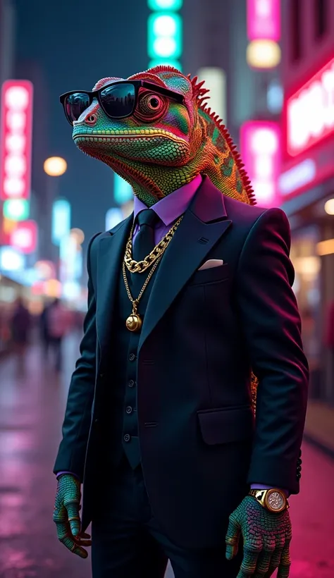 "A colorful, hyper-realistic full-body image of a chameleon dressed in gangster style, standing in a neon-lit city at night. The chameleon’s scales are a stunning mix of vibrant hues that shift and change, adding a touch of mystery to its appearance. It we...