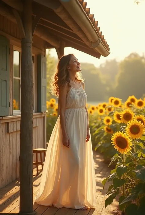 A wavy haired woman dressed in white pierced on the porch of a country house looking happily at the sun on the edge of the porch some sunflowers 