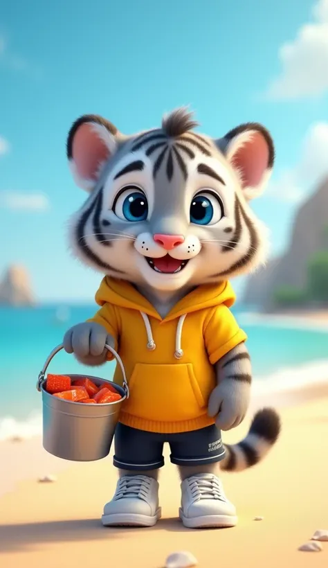 " Another style high quality 3D rendering of an anthropomorphic gray white male juvenile tiger cub with expressive blue eyes,  wearing a yellow hoodie ,  black shorts , white shoes.  He was on the beach ,  he was carrying a bucket full of salmon .  The bac...