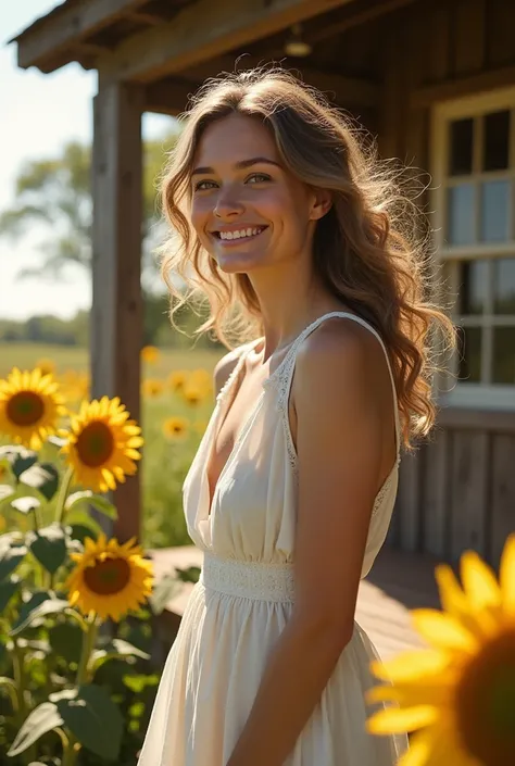 A wavy haired woman dressed in white pierced on the porch of a country house looking happily at the sun on the edge of the porch some sunflowers 