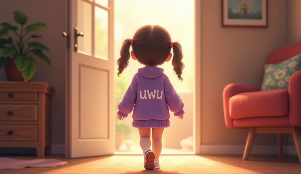 (masterpiece, best quality:1.2), a girl with name uwu wearing purple sweater with text "uwu", walking to the door of the house , living room atmosphere . (( image from the back ))