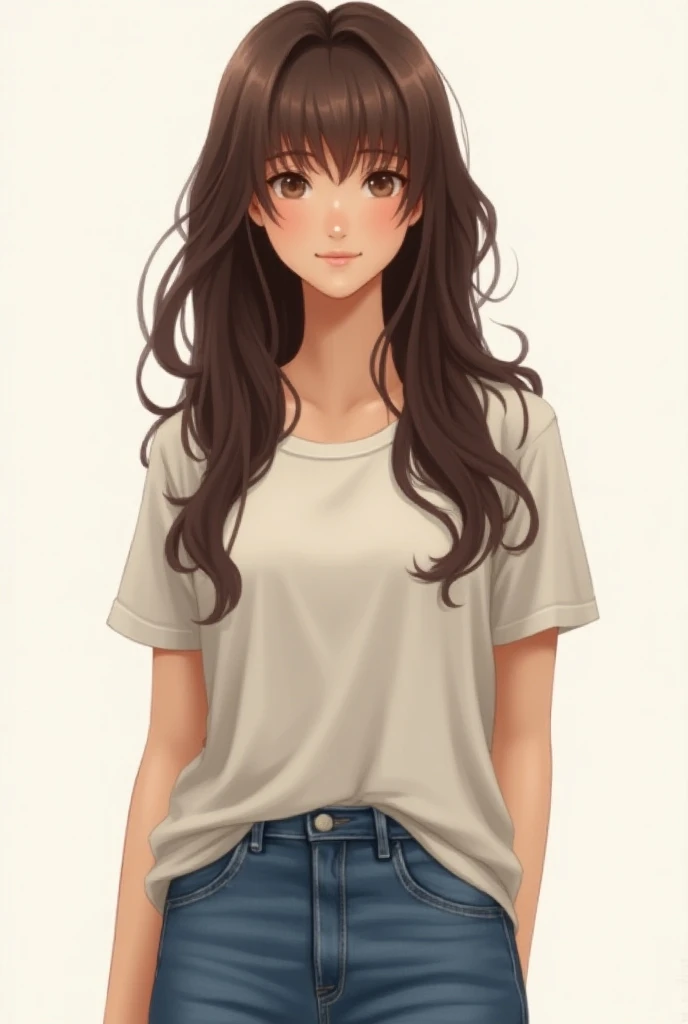 long brown hair wearing casual t-shirt and casual denim