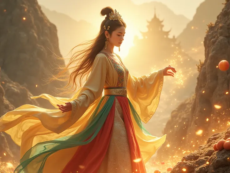 A divine portrayal of Xi Wangmu, the Queen-Mother of the West, as a celestial and commanding figure. She stands amidst the legendary Kunlun Mountains, surrounded by an aura of shimmering golden light. Her appearance blends beauty and mystique, with flowing...