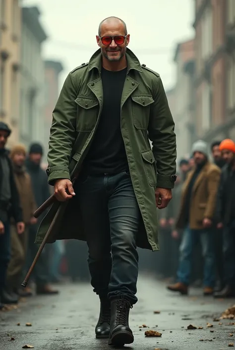 A tall, broad-shouldered and slightly muscular guy with a shaved head and brown eyes, dressed in an old green trench coat with patches, glasses with round bright red lenses, a black shirt, black classic jeans and heavy boots, smiles and, holding a baton in...