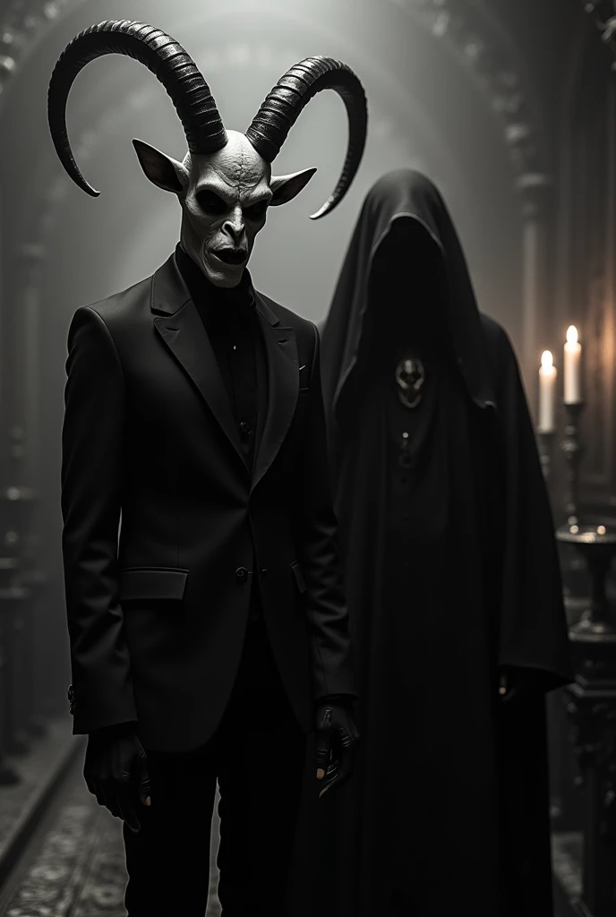 Photograph of Baphomet  in a black suit, and a mysterious being dressed completely in black. Horror scene 