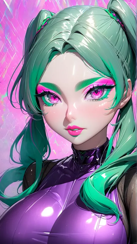 beautiful, ((long dark green hair)), ((light purple highlights)), multicolored hair, pigtails, ((pink eyes)), ((huge breasts)), ((shiny green eyeshadow)), ((shiny pink lips)), ((headshot)), arms behind back, ((purple leather crop top)), ((black sheer sleev...