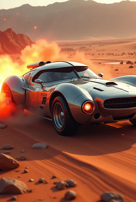 Hyperrealistic digital art. Mid shot. A futuristic war car speeds through a desert landscape with lightning-fast missiles and laser beams illuminating its metallic surface. Dramatic. Intense side lighting casts a sharp shadow on the cars sleek design. Vibr...