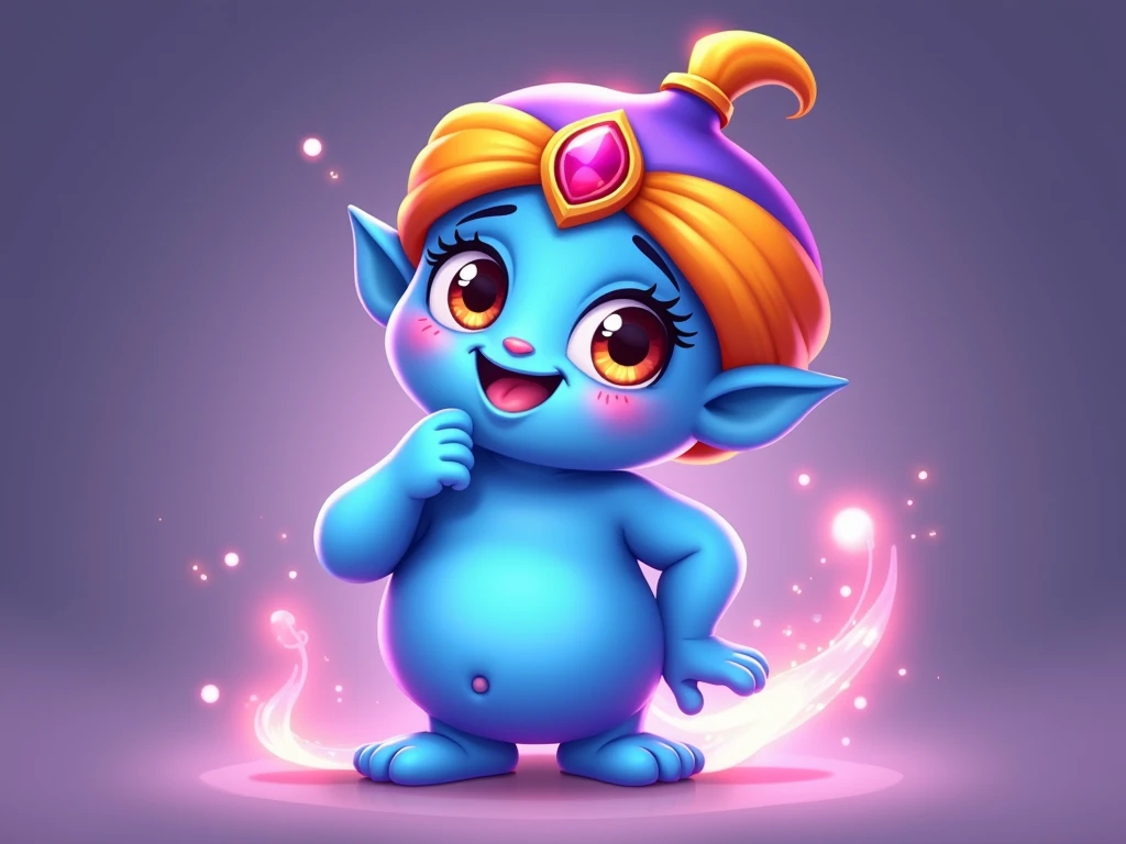 A friendly, cartoon-style genie with a thinking expression and bright, large eyes, in the style of a Cooking Dash character. The genie has a round face, a big smile, and wears a colorful turban with a jewel in the center. baby like, and it has a soft, appr...