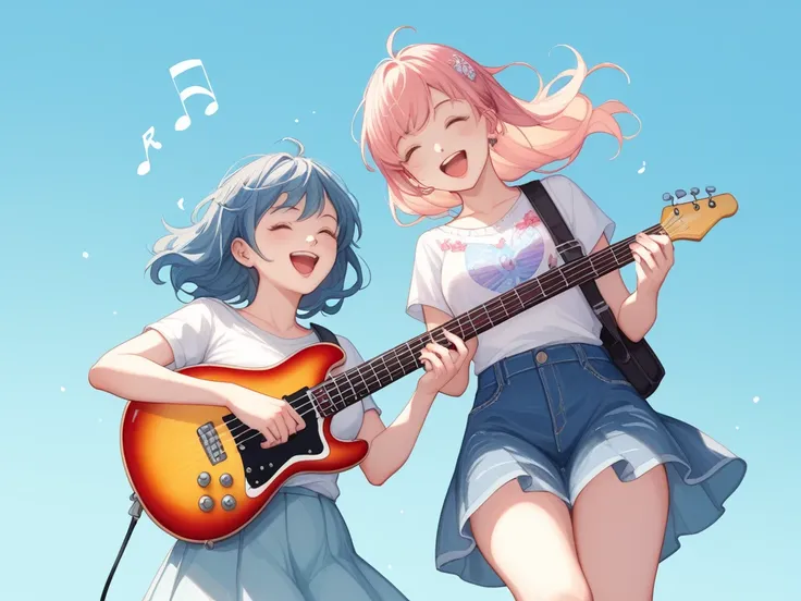  Pastel Color :1.5)、( from a perspective angle :1.5)、(Watercolor:1.2)、 light blue background 、With a girl、 lesbian with full body 、Laugh and laugh、Stranger、 overall pale yellow 、Haze、marble、 colorful 、jelly、 holding a bass guitar 、 staring at viewers 、musi...