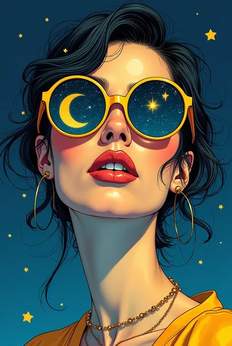 sexy woman, wearing glazed sunglasses with a star and a moon in the glass,  in the style of the dark blue of the sky and light yellow ,  minimalist pen lines , The fairy is here ,  using precious materials ,  vibrant and vivid hues , captivating, glitter  