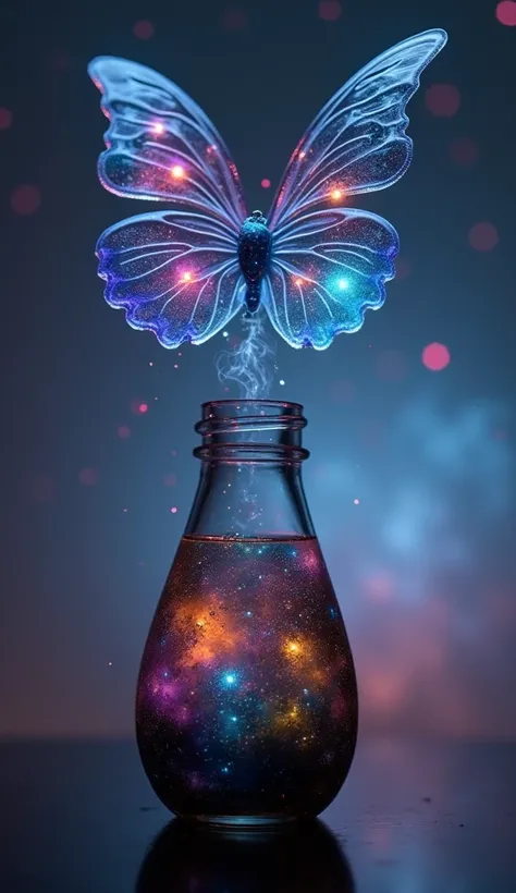 Made by AIS-RCN, 8K Photo, "words, from、 colorful smoke rising from the glass {x}  fluorescent iridescent glass butterfly popping out of bottle  , ボトルfrom飛び出す,  a thought for a delicate work of art  .", Supple,  side lights,  glass bottle close-up  , Beach...