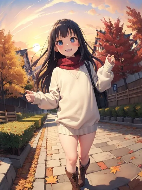 ( super flat ， flat shading ， flat color), (close),   Fisheye Lens ，cute chubby mother and cute daughter， short stature ， flat chest，  Thin Thighs ， warm oversized sweater ， muffler  ，Long Hair,   boots, smile, smile，fun，play，autumn，autumnのきれいな紅葉,  At dusk...