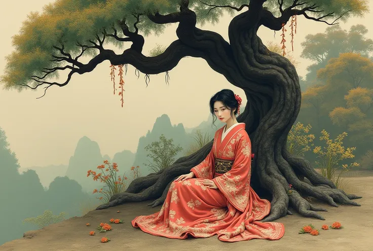  A woman in a kimono sits beside a giant pine bonsai、Chie Yoshii, Japanese art,  written by Kana Tan 、Japanese Fantasy, traditional Japanese art, classical Japanese art,   Japanese Pop Surrealism  , Japanese art art, Japanese art style, Japanese Goddess, o...