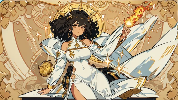 Black skin girl, thick afro hair,  full body ,  white dress , goddess dress, golden details. Background with earth symbols, officer, Water, Fire. Golden frame, Many details,