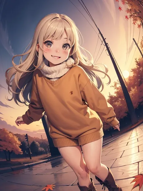 ( super flat ， flat shading ， flat color), (close),  Fisheye Lens ，cute chubby mother and cute daughter， short stature ， flat chest，  Thin Thighs ， warm oversized sweater ， muffler  ，Long Hair,  boots, smile, smile，fun，play，autumn，autumnのきれいな紅葉, At dusk，Be...