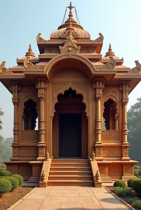 mandir : 10 ft wide x 2 ft deep x 11 ft hight 
bahut achcha wooden carving wala Mandir donon side 2 fit sidha bich mein do step golai uske upar side mein design bich mein donon golai mein design uske upar Shikhar Shikhar ke sath mein design pillar ke samne...