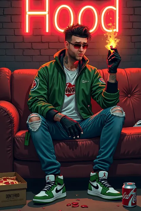  30-year-old boy , Hair with toupee ,  sitting on the couch  ,  green bomber jacket ,  t-shirt with the word written Raval ,  ripped jeans , Nike Air Jordan green and white sneakers ,  the dark brick background and neon letters with the word Hood written, ...