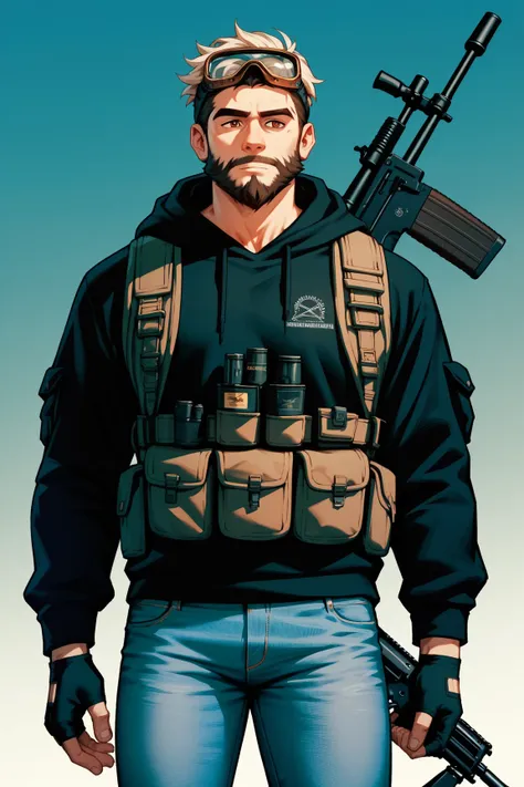 A tall_slender_muscular_man, white_hair_with_dark_brown_streaks, long_white_beard_with_dark_brown_streaks, hazel_eyes, black_hoodie, goggles, worn_jeans, fingerless_leather_gloves, tactical_vest, rifle