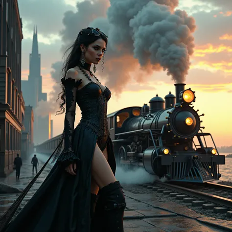 beautiful gothic woman steampunk style short sexy dress full body near a steam train moving between skyscrapers in a modern city by below, beautiful sky steampunk style