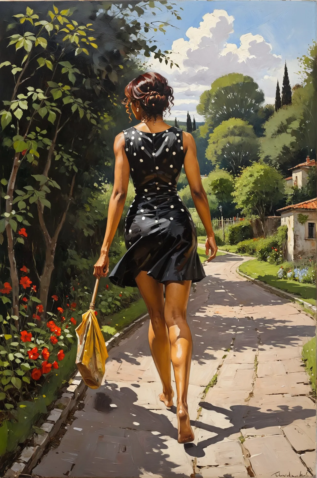 very authentic painting by andrew atroshenko & waldemar kazak of a naked mulatto woman in a polka dot dress walking on a paved p...